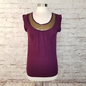 LOFT Bronze Sequin Neckline Maroon Tie-Back Knit Cap Sleeve Top Medium